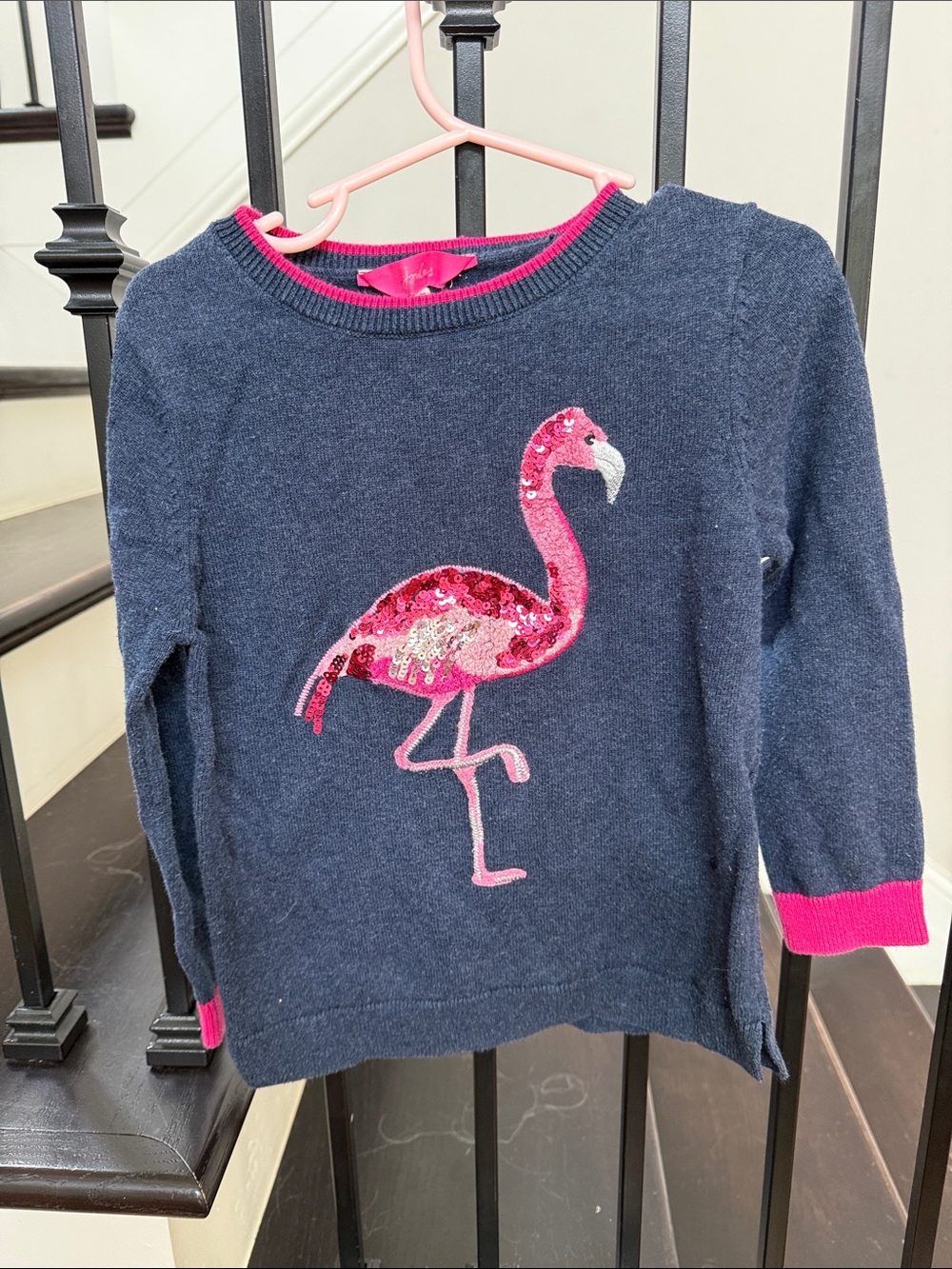Joules Navy Sweater with Pink Sequin Flamingo